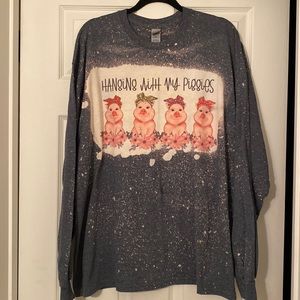 Gildan Pig Tie-dye Gray Pink long sleeve T Shirt HANGING WITH MY PIGGIES NWT!